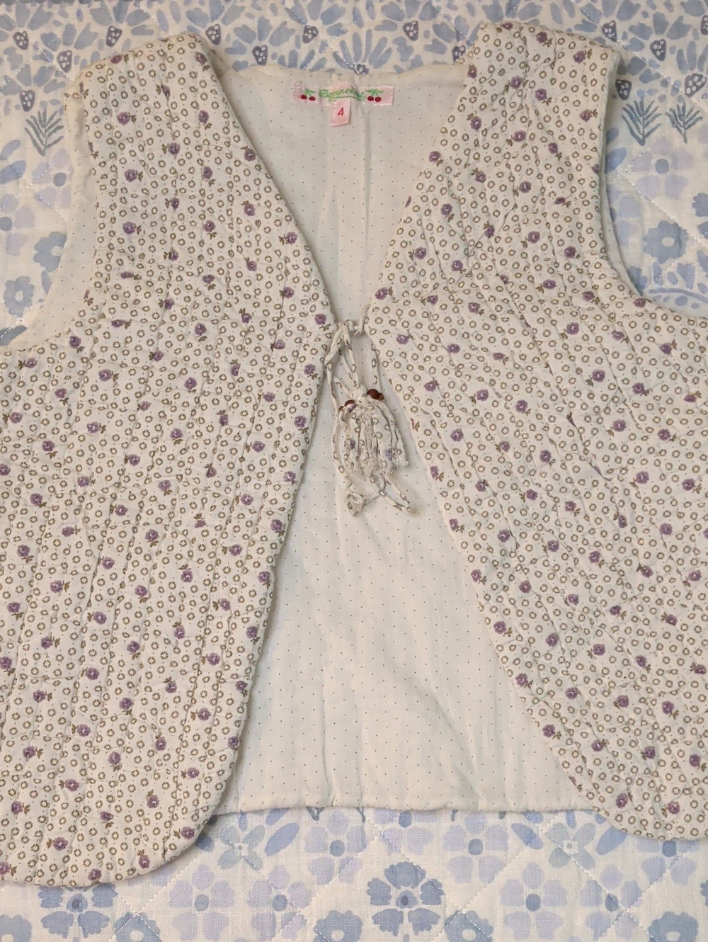 Bonpoint Light Cream Floral Tie-Front Vest with Lavender Accents